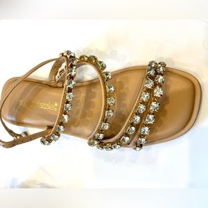 Shoe Dazzle Tan Strappy Sandals with Crystal Embellishments